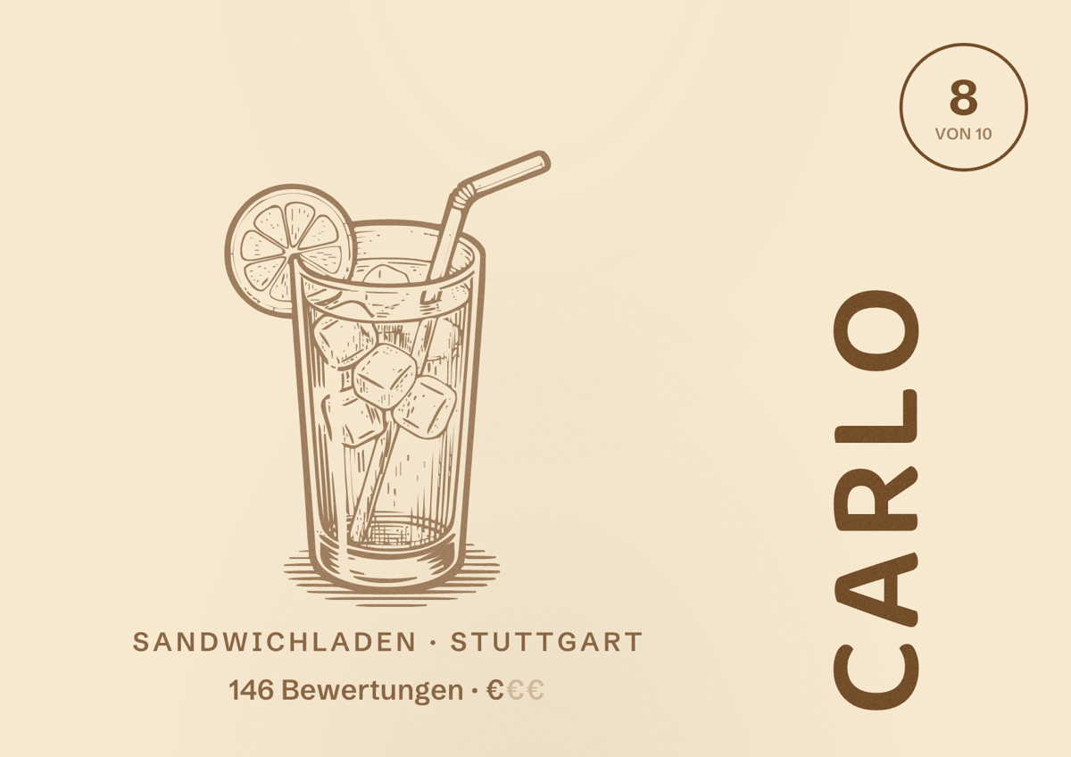 Illustriertes Poster von Carlo, Sandwichladen in Stuttgart: Bewertung 8,0 von 10 aus 146 Bewertungen, Preisniveau €