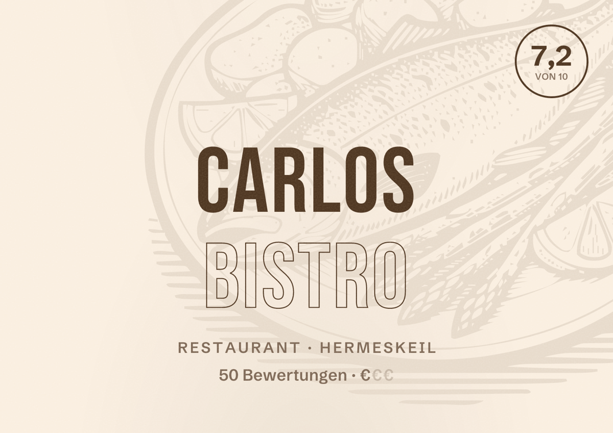 Illustriertes Poster von Carlos Bistro, Restaurant in Hermeskeil: Bewertung 7,2 von 10 aus 50 Bewertungen, Preisniveau €
