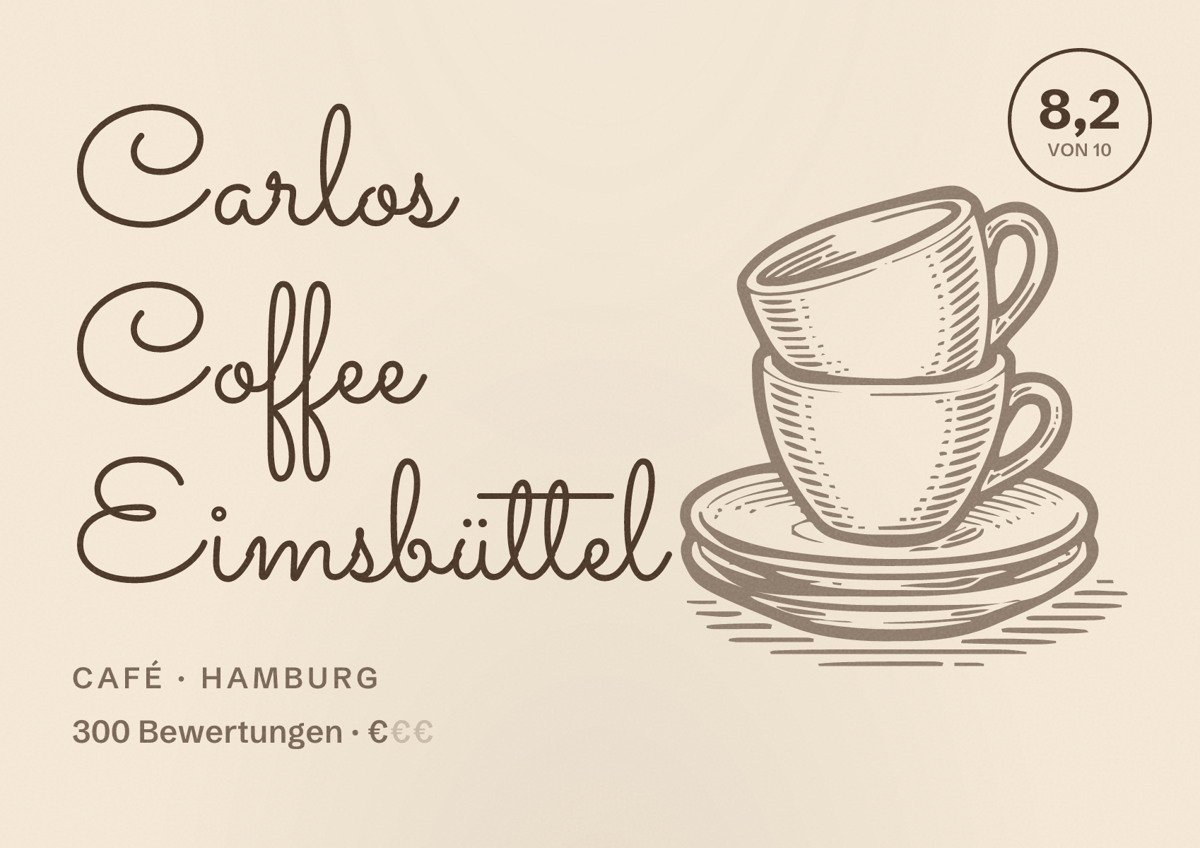 Illustriertes Poster von Carlos Coffee Eimsbüttel, Café in Hamburg: Bewertung 8,2 von 10 aus 300 Bewertungen, Preisniveau €