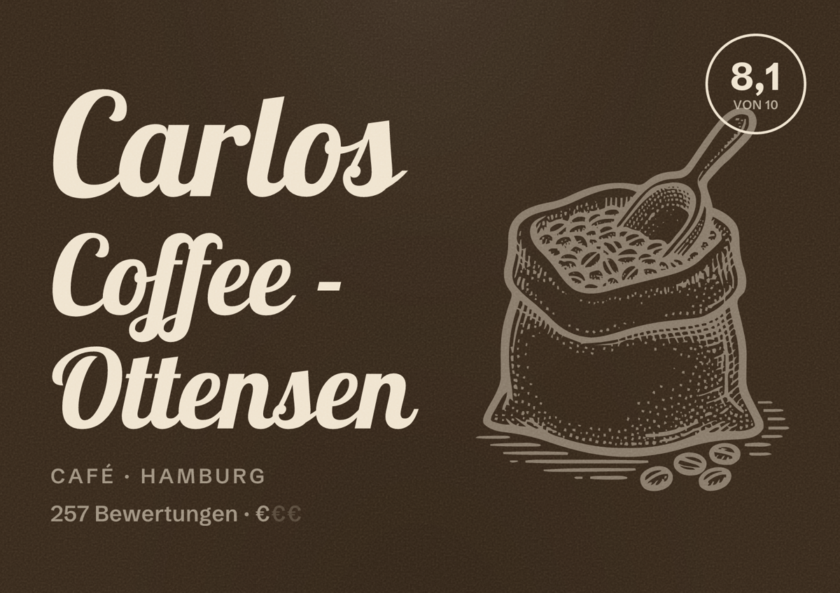 Illustriertes Poster von Carlos Coffee - Ottensen, Café in Hamburg: Bewertung 8,1 von 10 aus 257 Bewertungen, Preisniveau €