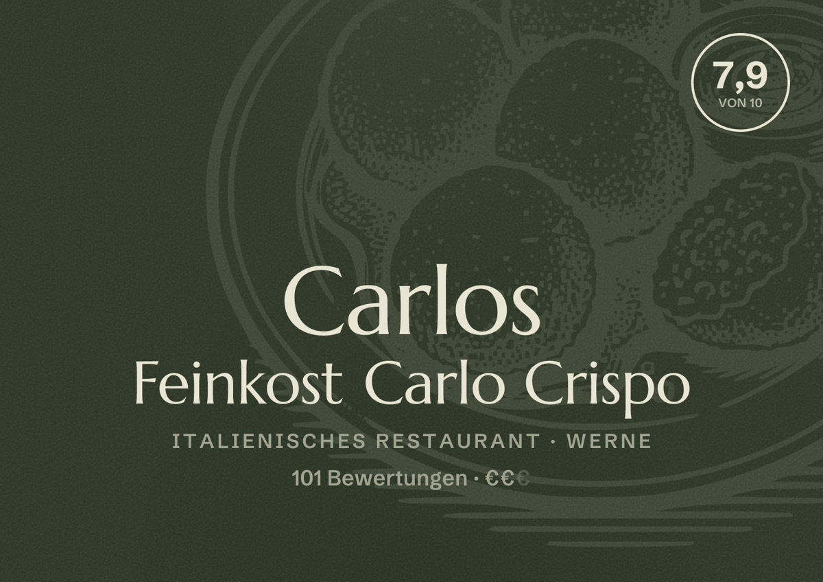 Illustriertes Poster von Carlos Feinkost Carlo Crispo, Italienisches Restaurant in Werne: Bewertung 7,9 von 10 aus 101 Bewertungen, Preisniveau €€