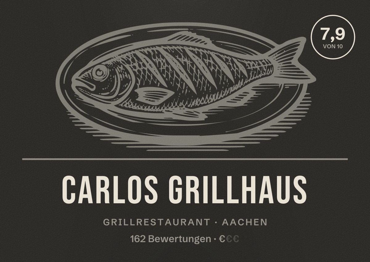 Illustriertes Poster von Carlos Grillhaus, Grillrestaurant in Aachen: Bewertung 7,9 von 10 aus 162 Bewertungen, Preisniveau €