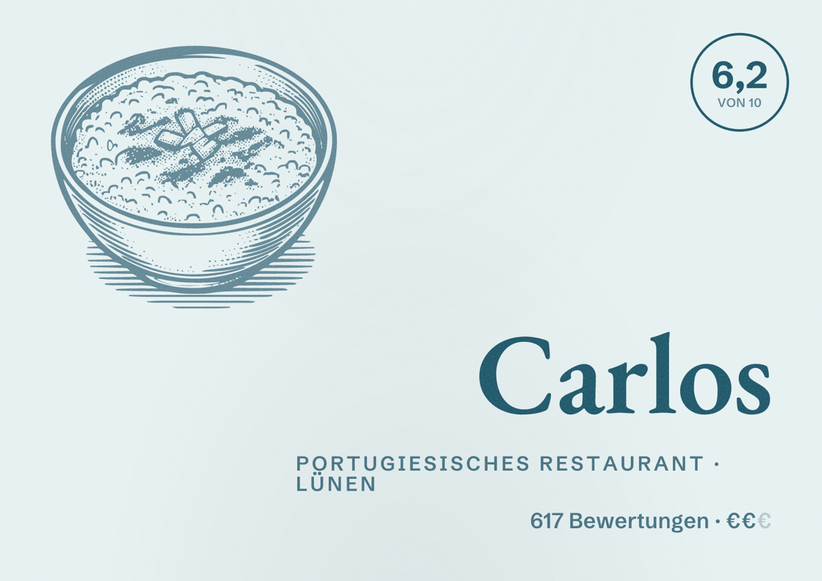 Illustriertes Poster von Carlos, Portugiesisches Restaurant in Lünen: Bewertung 6,2 von 10 aus 617 Bewertungen, Preisniveau €€