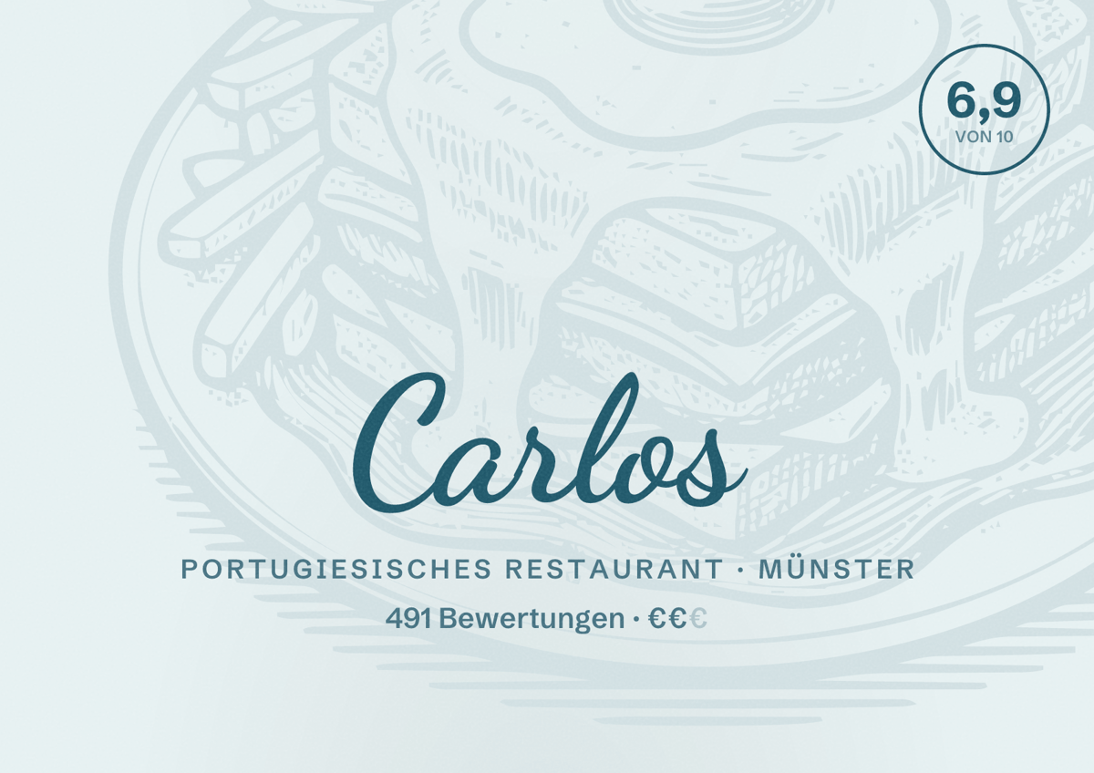 Illustriertes Poster von Carlos, Portugiesisches Restaurant in Münster: Gästebewertung 6,9 von 10 aus 491 Bewertungen