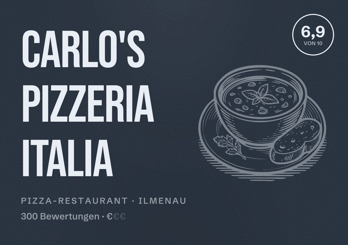 Illustriertes Poster von Carlo's Pizzeria Italia, Pizza-Restaurant in Ilmenau: Bewertung 6,9 von 10 aus 300 Bewertungen, Preisniveau €