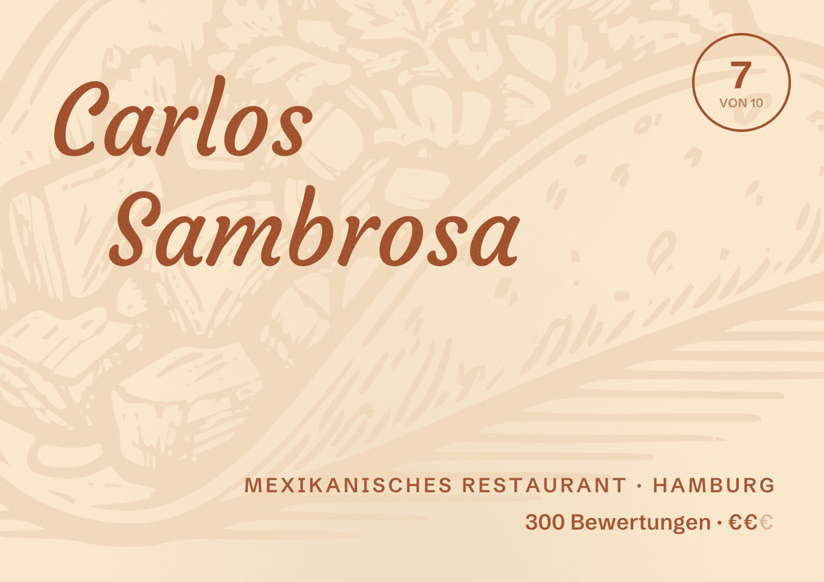 Illustriertes Poster von Carlos Sambrosa, Mexikanisches Restaurant in Hamburg: Bewertung 7,0 von 10 aus 300 Bewertungen, Preisniveau €€