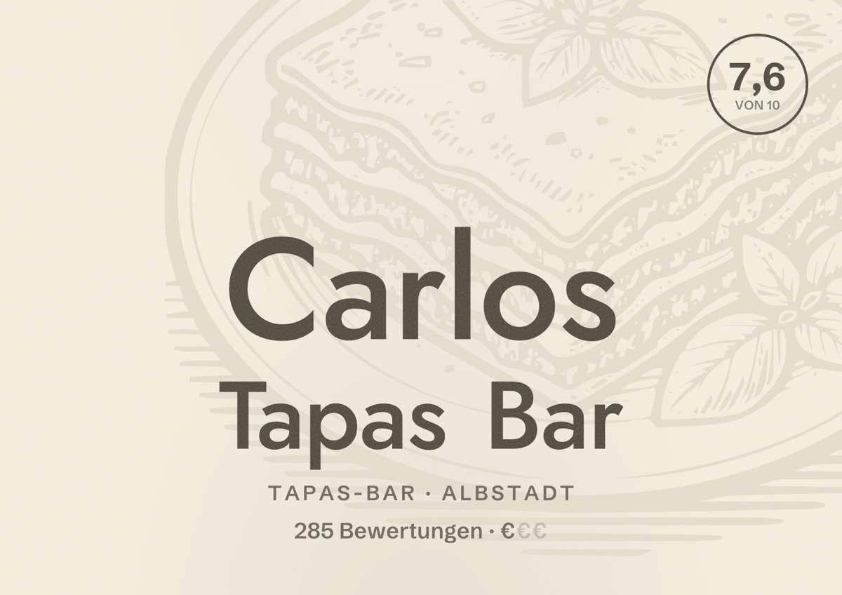 Illustriertes Poster von Carlos Tapas Bar, Tapas-Bar in Albstadt: Bewertung 7,6 von 10 aus 285 Bewertungen, Preisniveau €