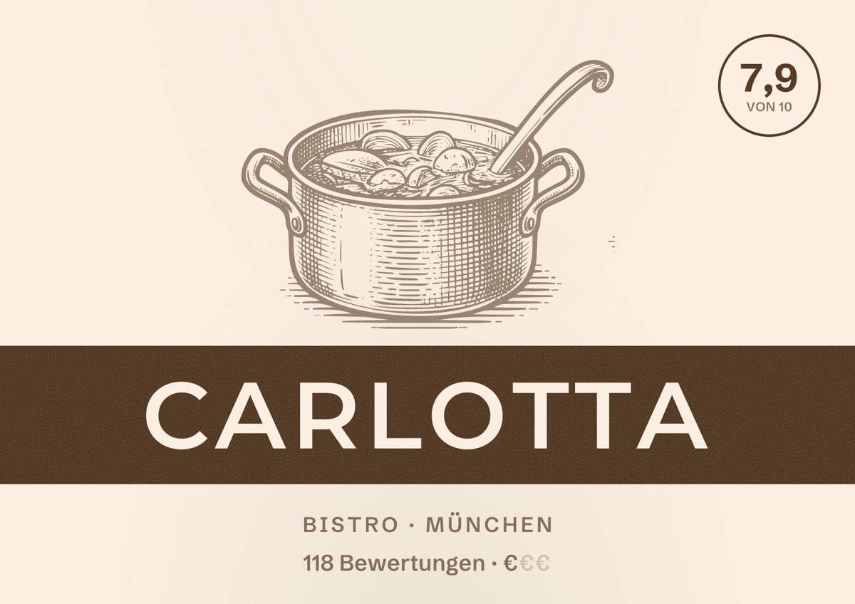Illustriertes Poster von Carlotta, Bistro in München: Bewertung 7,9 von 10 aus 118 Bewertungen, Preisniveau €