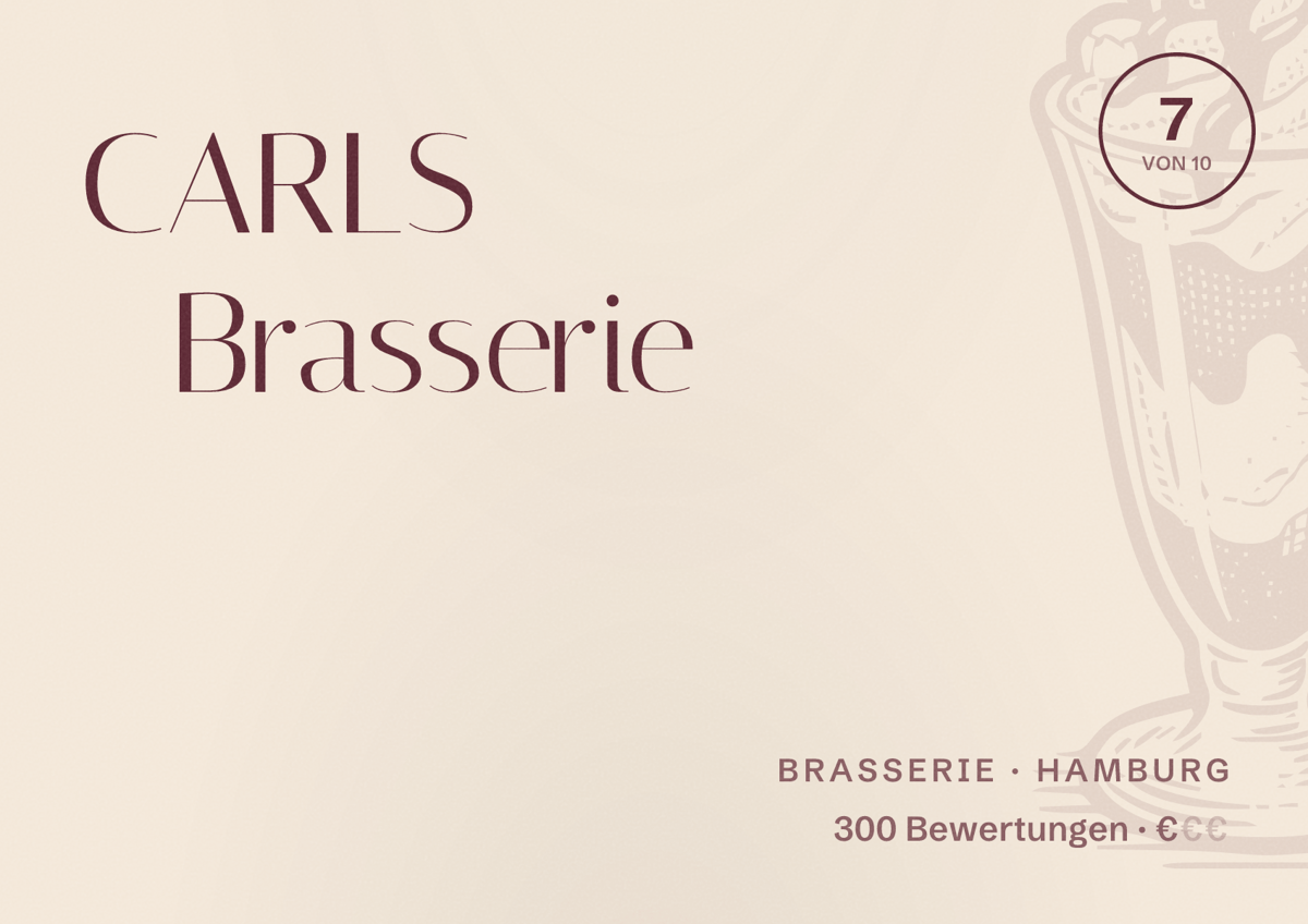 Illustriertes Poster von CARLS Brasserie, Brasserie in Hamburg: Bewertung 7,0 von 10 aus 300 Bewertungen, Preisniveau €