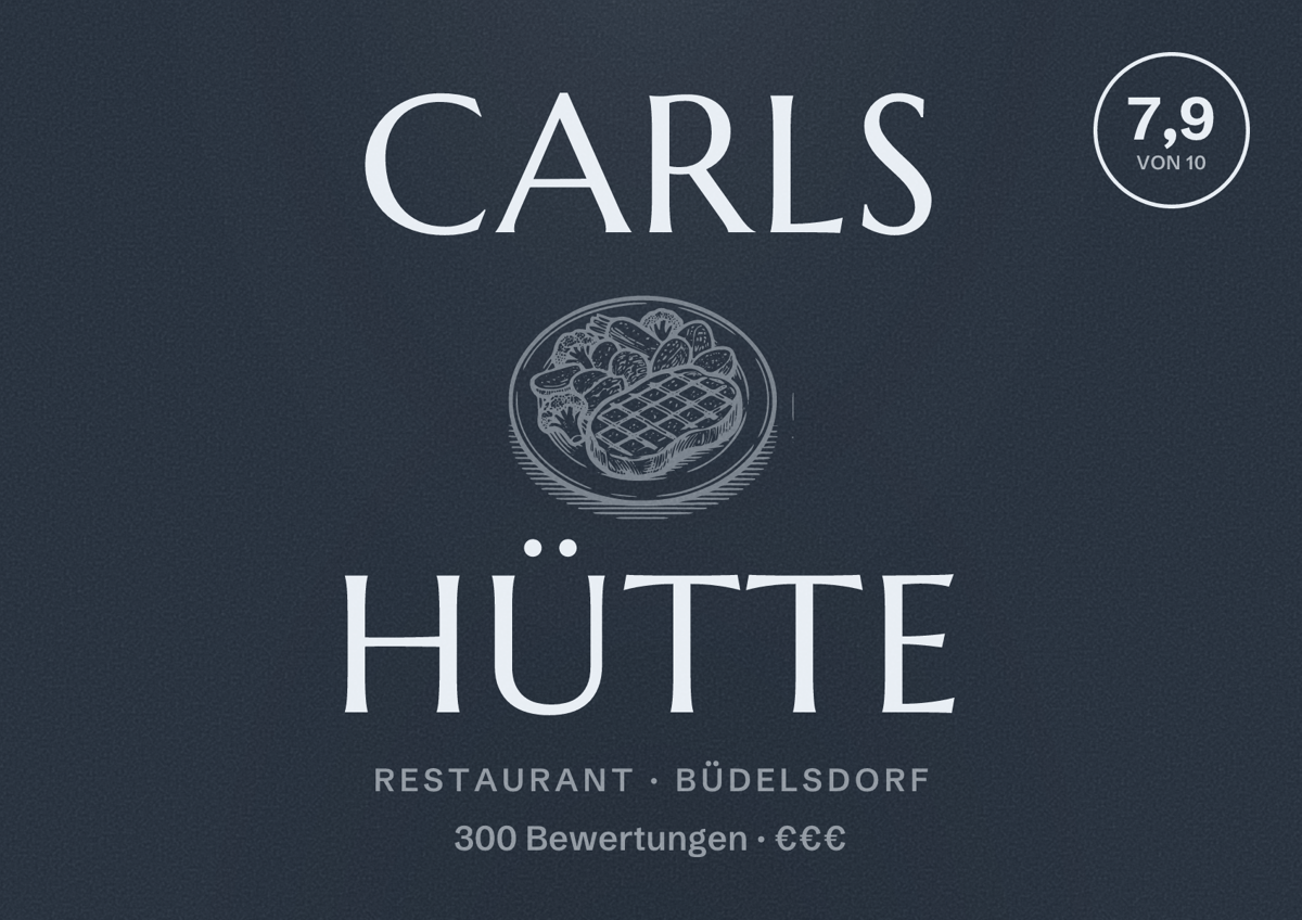 Illustriertes Poster von Carls Hütte, Restaurant in Büdelsdorf: Bewertung 7,9 von 10 aus 300 Bewertungen, Preisniveau €€€