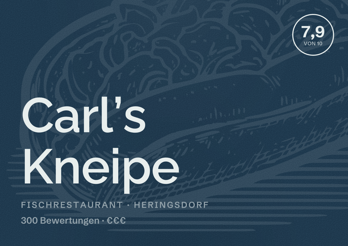 Illustriertes Poster von Carl’s Kneipe, Fischrestaurant in Heringsdorf: Bewertung 7,9 von 10 aus 300 Bewertungen, Preisniveau €€€