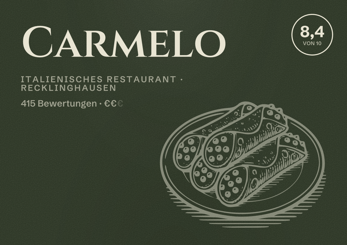Illustriertes Poster von Carmelo, Italienisches Restaurant in Recklinghausen: Gästebewertung 8,4 von 10 aus 415 Bewertungen