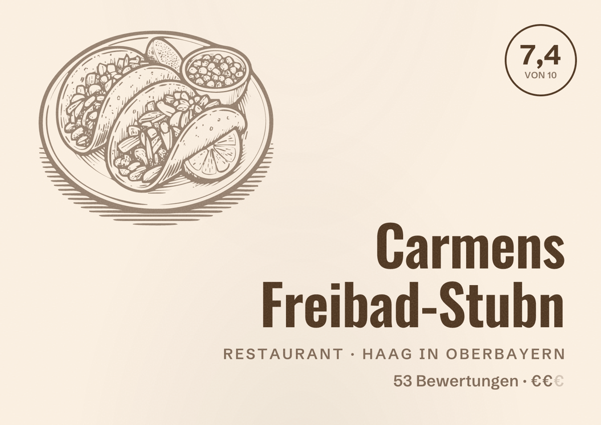 Illustriertes Poster von Carmens Freibad-Stubn, Restaurant in Haag in Oberbayern: Bewertung 7,4 von 10 aus 53 Bewertungen, Preisniveau €€