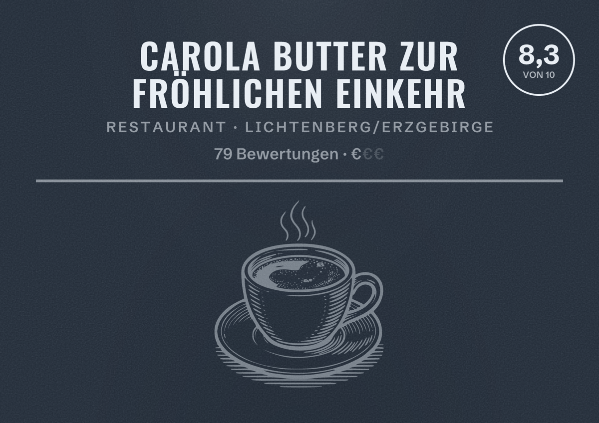 Illustriertes Poster von Carola Butter Zur Fröhlichen Einkehr, Restaurant in Lichtenberg/Erzgebirge: Bewertung 8,3 von 10 aus 79 Bewertungen, Preisniveau €