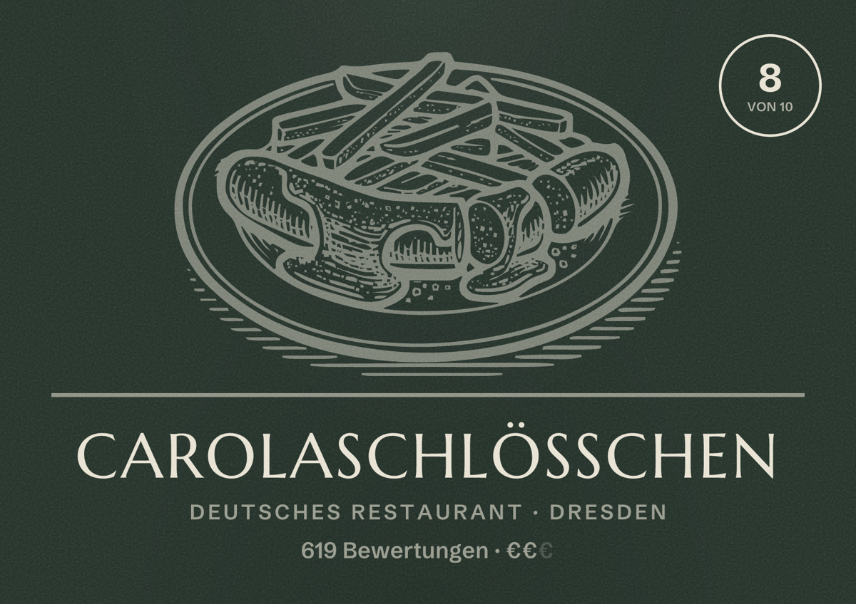 Illustriertes Poster von Carolaschlösschen, Deutsches Restaurant in Dresden: Bewertung 8,0 von 10 aus 619 Bewertungen, Preisniveau €€