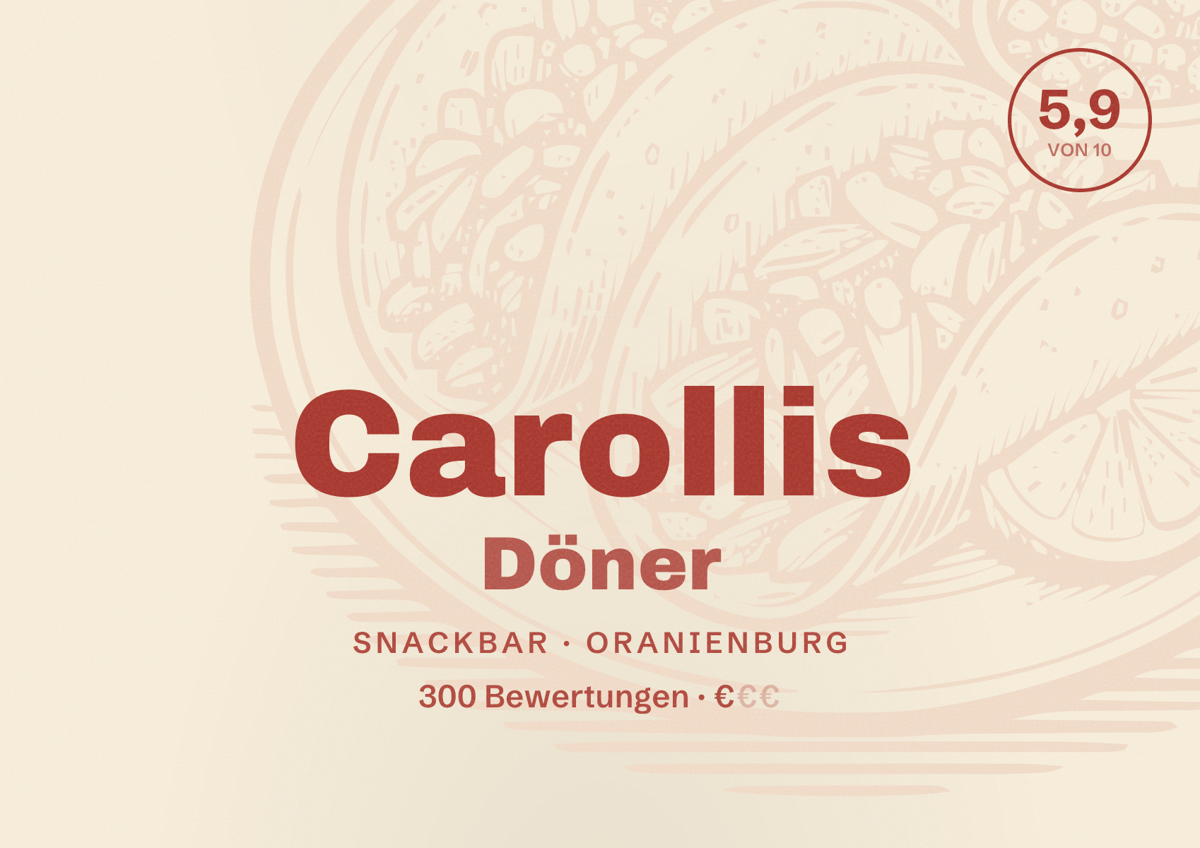 Illustriertes Poster von Carollis Döner, Snackbar in Oranienburg: Bewertung 5,9 von 10 aus 300 Bewertungen, Preisniveau €