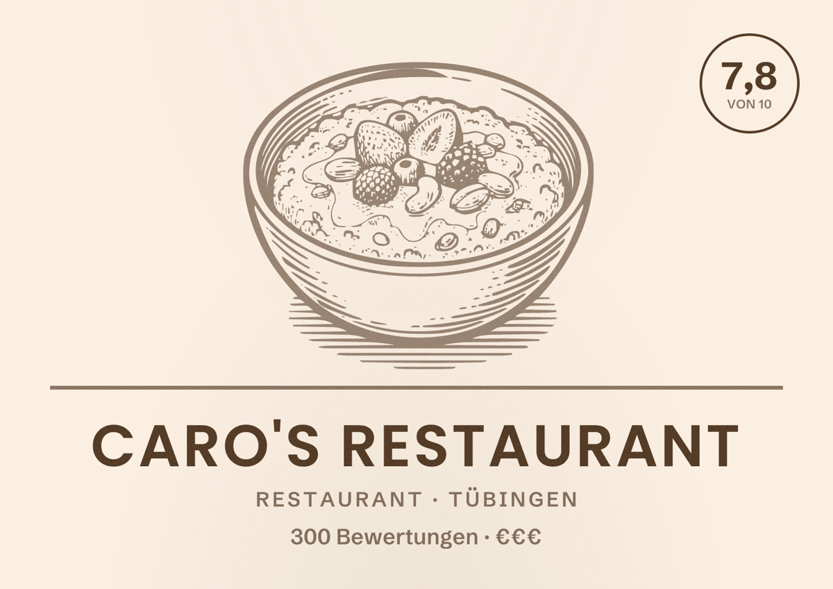 Illustriertes Poster von Caro's Restaurant, Restaurant in Tübingen: Bewertung 7,8 von 10 aus 300 Bewertungen, Preisniveau €€€