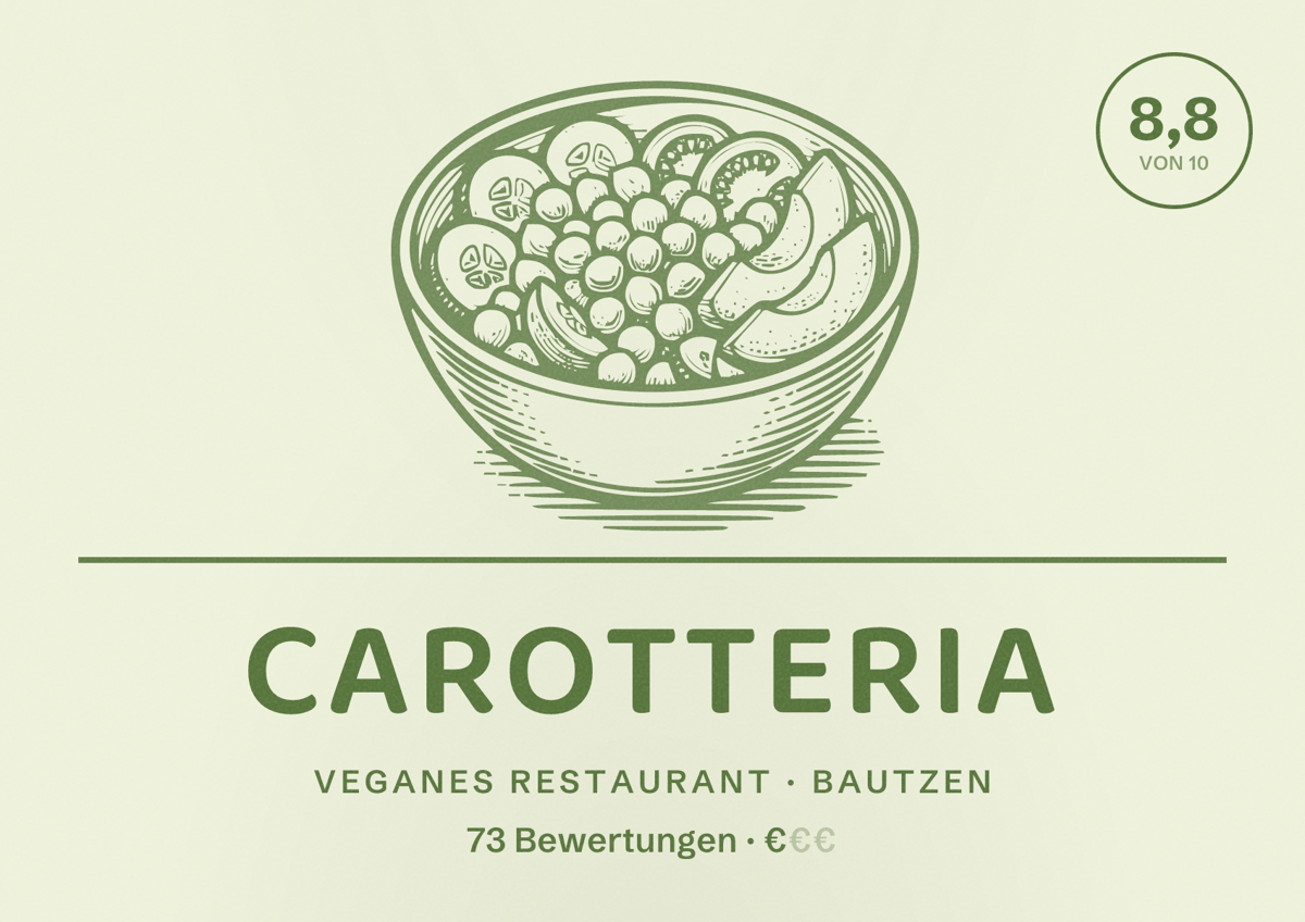 Illustriertes Poster von Carotteria, Veganes Restaurant in Bautzen: Bewertung 8,8 von 10 aus 73 Bewertungen, Preisniveau €