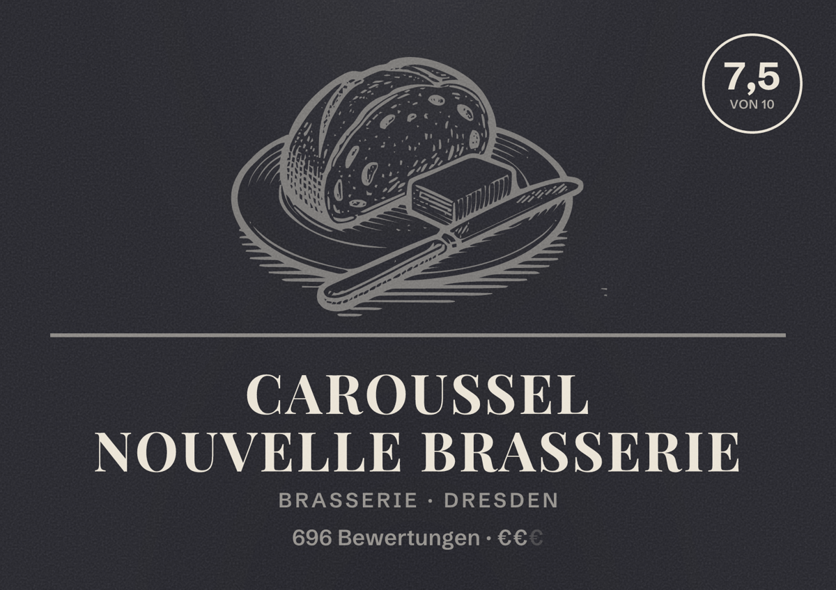 Illustriertes Poster von Caroussel Nouvelle Brasserie, Brasserie in Dresden: Bewertung 7,5 von 10 aus 696 Bewertungen, Preisniveau €€