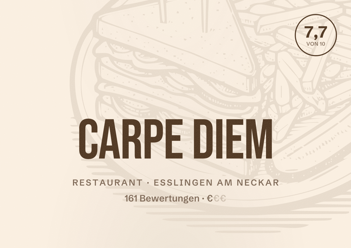 Illustriertes Poster von Carpe Diem, Restaurant in Esslingen am Neckar: Bewertung 7,7 von 10 aus 161 Bewertungen, Preisniveau €