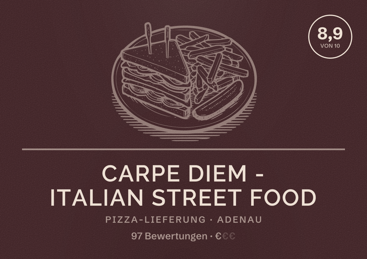 Illustriertes Poster von Carpe Diem - Italian Street Food, Pizza-Lieferung in Adenau: Bewertung 8,9 von 10 aus 97 Bewertungen, Preisniveau €