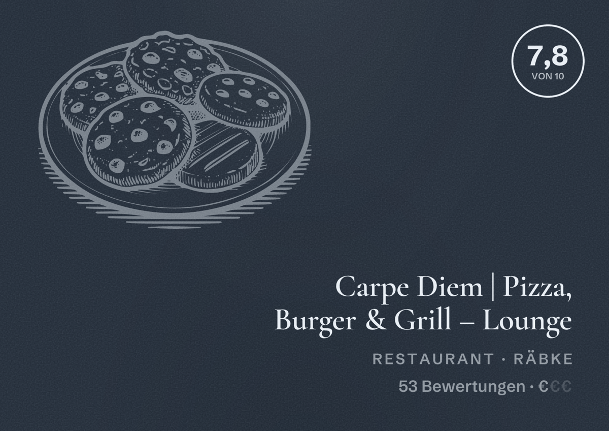 Illustriertes Poster von Carpe Diem | Pizza, Burger & Grill – Lounge, Restaurant in Räbke: Bewertung 7,8 von 10 aus 53 Bewertungen, Preisniveau €