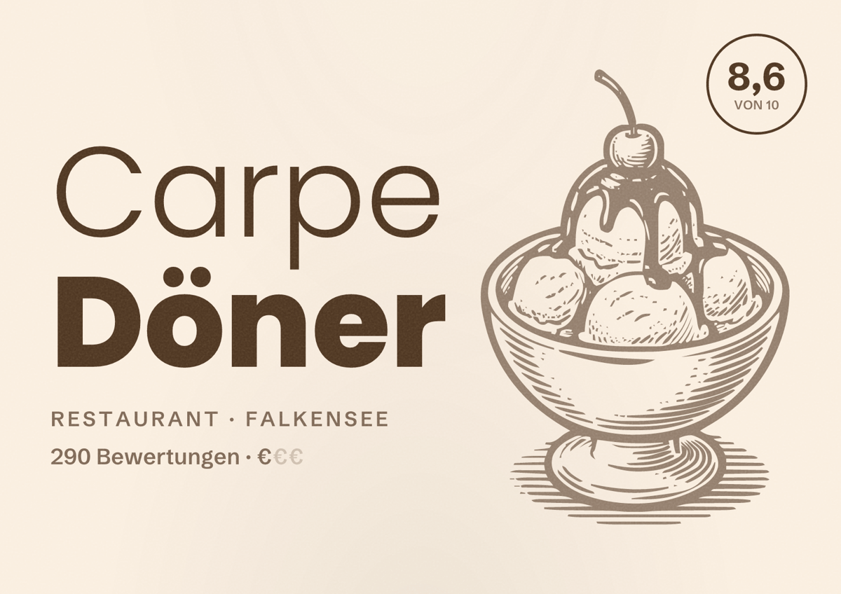 Illustriertes Poster von Carpe Döner, Restaurant in Falkensee: Bewertung 8,6 von 10 aus 290 Bewertungen, Preisniveau €