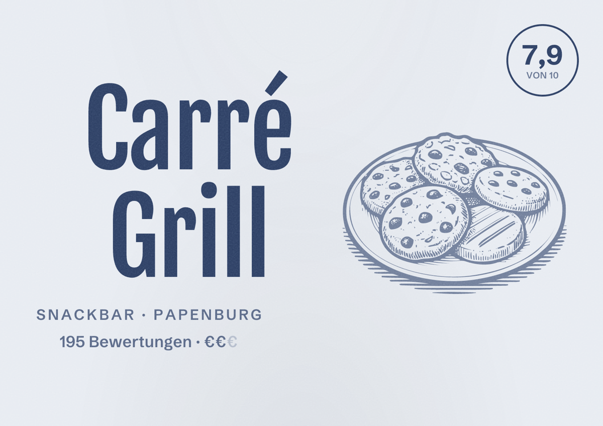 Illustriertes Poster von Carré Grill, Snackbar in Papenburg: Bewertung 7,9 von 10 aus 195 Bewertungen, Preisniveau €€