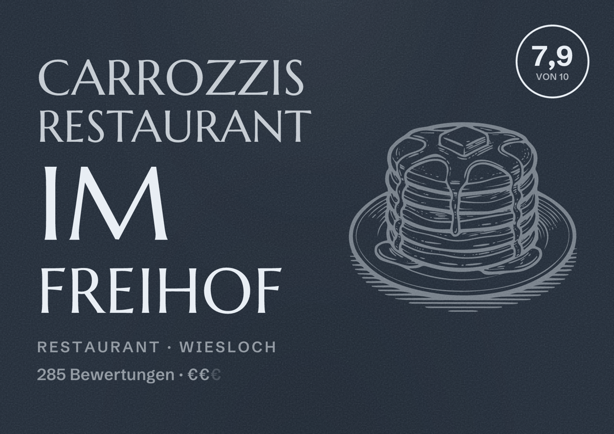 Illustriertes Poster von Carrozzis Restaurant im Freihof, Restaurant in Wiesloch: Bewertung 7,9 von 10 aus 285 Bewertungen, Preisniveau €€