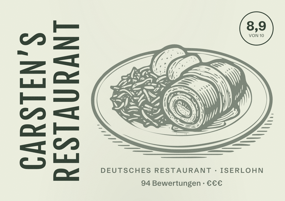 Illustriertes Poster von Carsten’s Restaurant, Deutsches Restaurant in Iserlohn: Bewertung 8,9 von 10 aus 94 Bewertungen, Preisniveau €€€