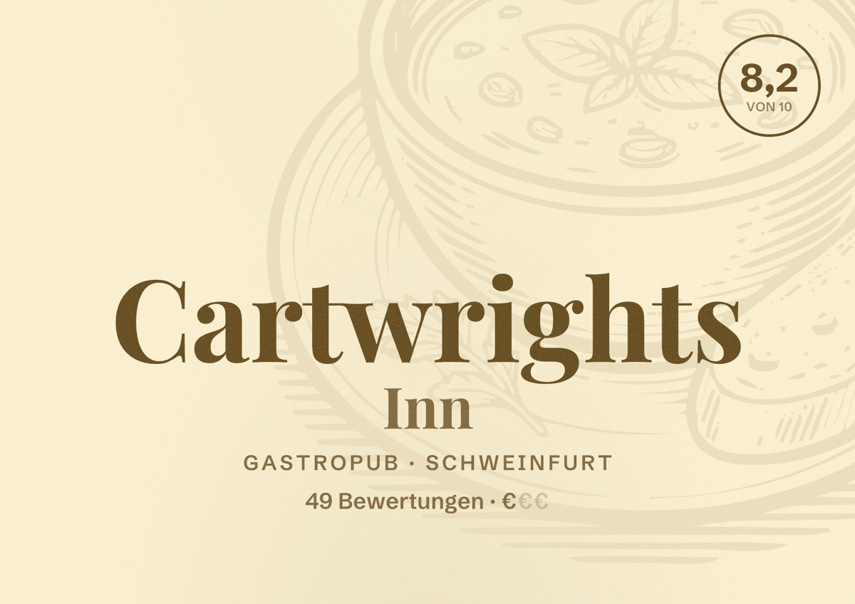 Illustriertes Poster von Cartwrights Inn, Gastropub in Schweinfurt: Bewertung 8,2 von 10 aus 49 Bewertungen, Preisniveau €