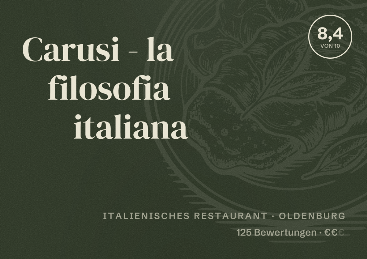 Illustriertes Poster von Carusi - la filosofia italiana, Italienisches Restaurant in Oldenburg: Bewertung 8,4 von 10 aus 125 Bewertungen, Preisniveau €€
