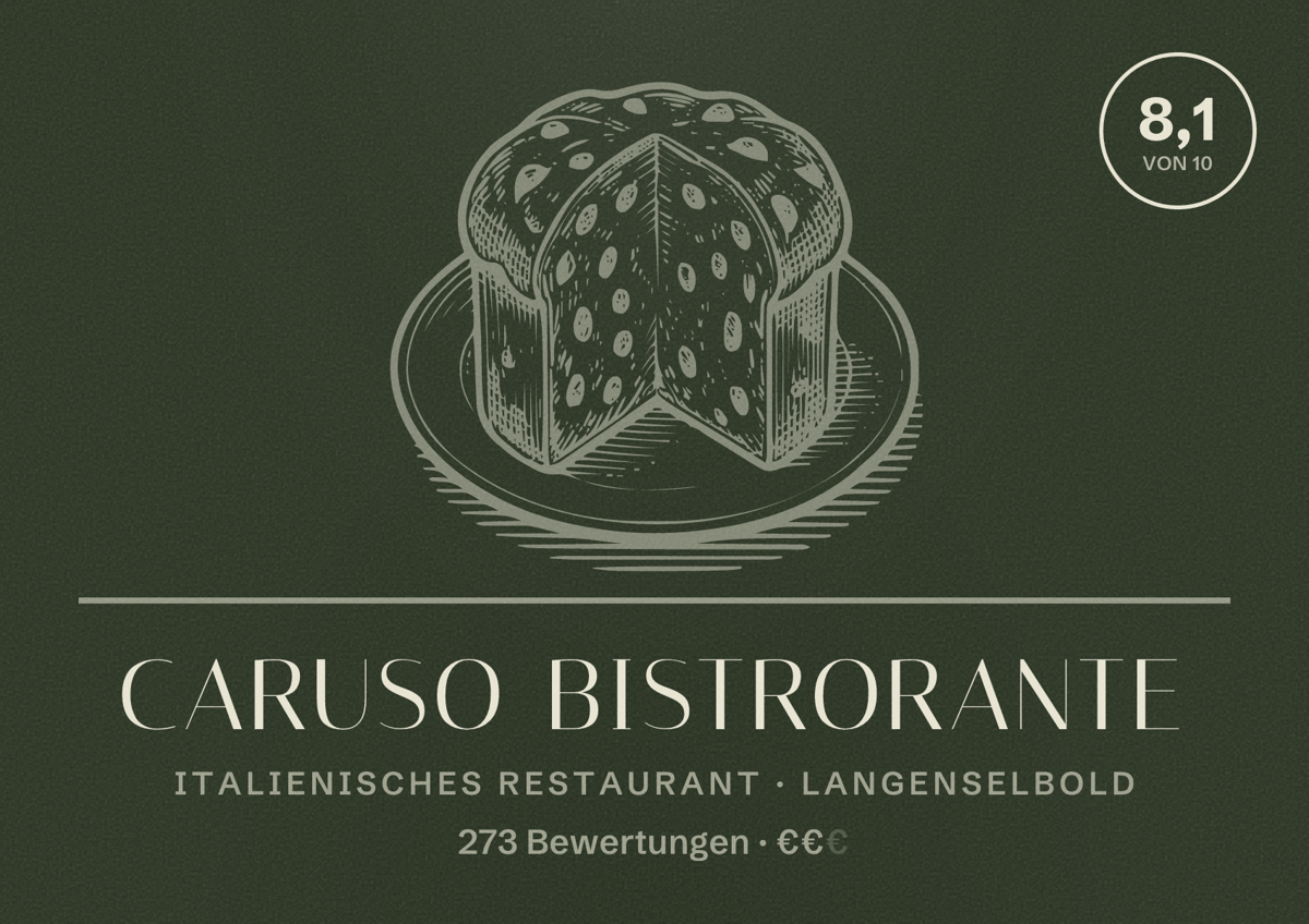 Illustriertes Poster von Caruso Bistrorante, Italienisches Restaurant in Langenselbold: Bewertung 8,1 von 10 aus 273 Bewertungen, Preisniveau €€