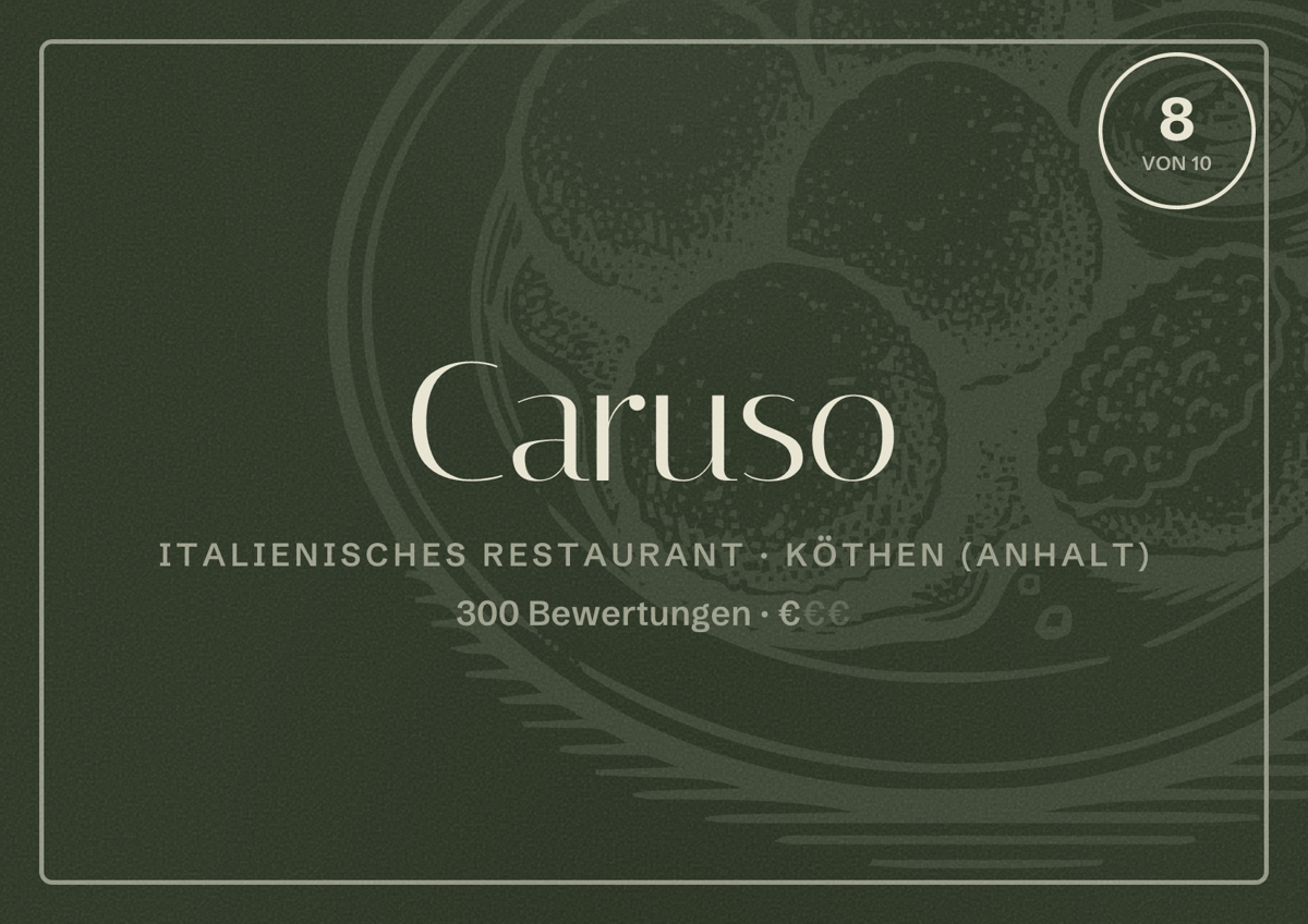 Illustriertes Poster von Caruso, Italienisches Restaurant in Köthen (Anhalt): Bewertung 8 von 10 aus 300 Bewertungen, Preisniveau €