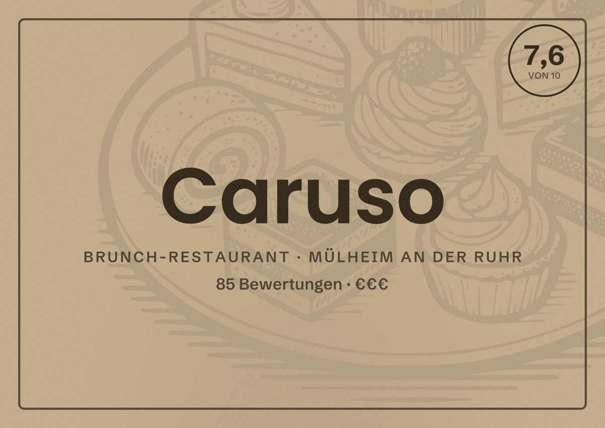 Illustriertes Poster von Caruso, Brunch-Restaurant in Mülheim an der Ruhr: Bewertung 7,6 von 10 aus 85 Bewertungen, Preisniveau €€€