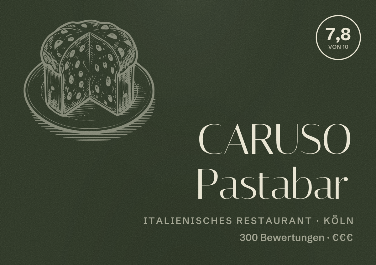 Illustriertes Poster von CARUSO Pastabar, Italienisches Restaurant in Köln: Bewertung 7,8 von 10 aus 300 Bewertungen, Preisniveau €€€