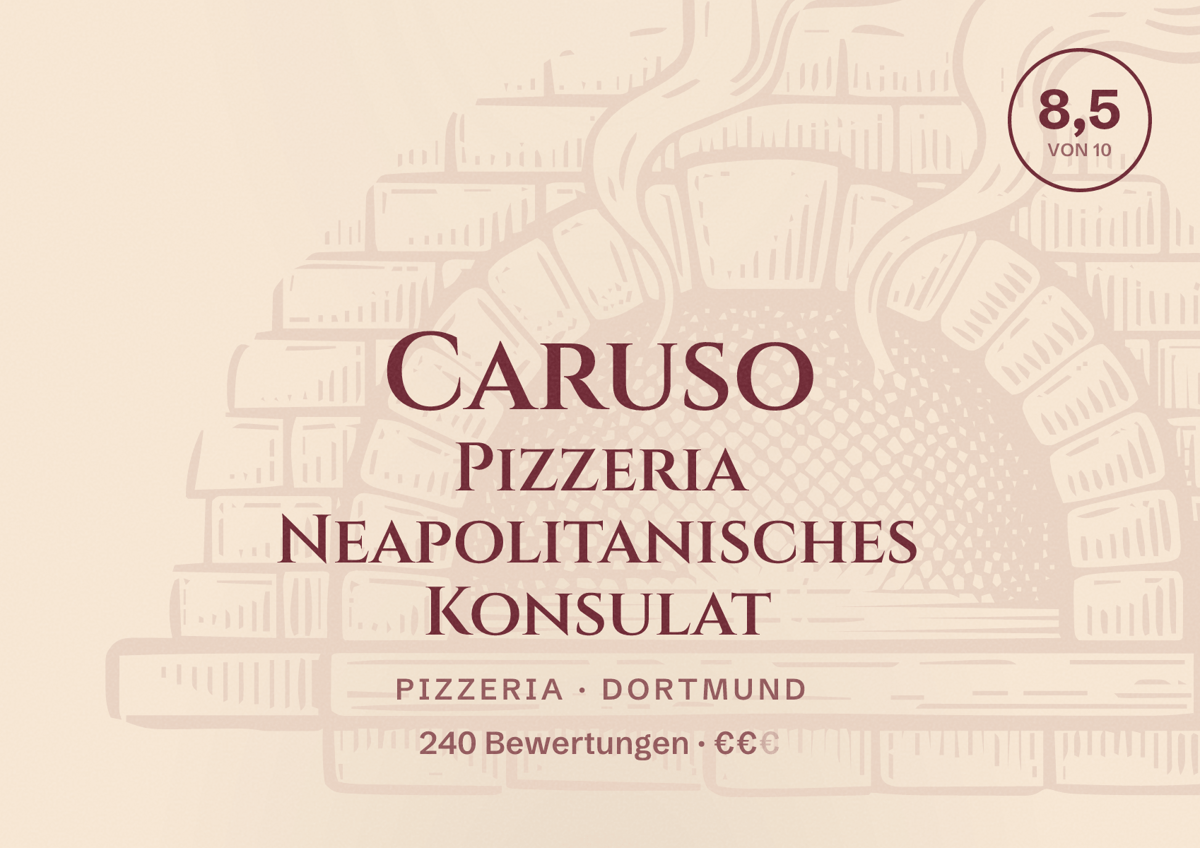 Illustriertes Poster von Caruso Pizzeria Neapolitanisches Konsulat, Pizzeria in Dortmund: Bewertung 8,5 von 10 aus 240 Bewertungen, Preisniveau €€