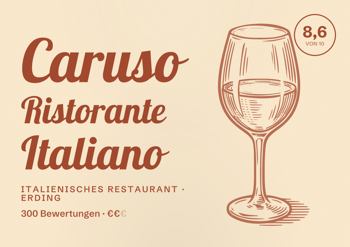 Illustriertes Poster von Caruso Ristorante Italiano, Italienisches Restaurant in Erding: Bewertung 8,6 von 10 aus 300 Bewertungen, Preisniveau €€