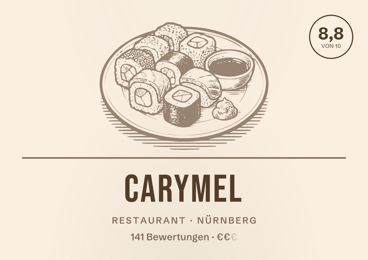 Illustriertes Poster von CARYMEL, Restaurant in Nürnberg: Bewertung 8,8 von 10 aus 141 Bewertungen, Preisniveau €€