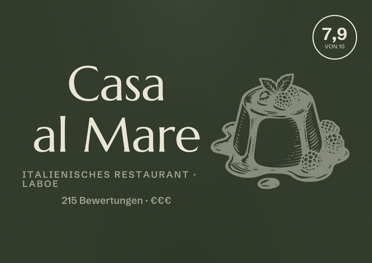 Illustriertes Poster von Casa al Mare, Italienisches Restaurant in Laboe: Bewertung 7,9 von 10 aus 215 Bewertungen, Preisniveau €€€