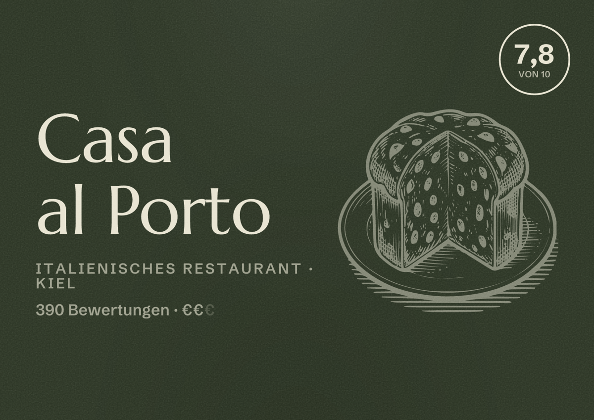 Illustriertes Poster von Casa al Porto, Italienisches Restaurant in Kiel: Bewertung 7,8 von 10 aus 390 Bewertungen, Preisniveau €€