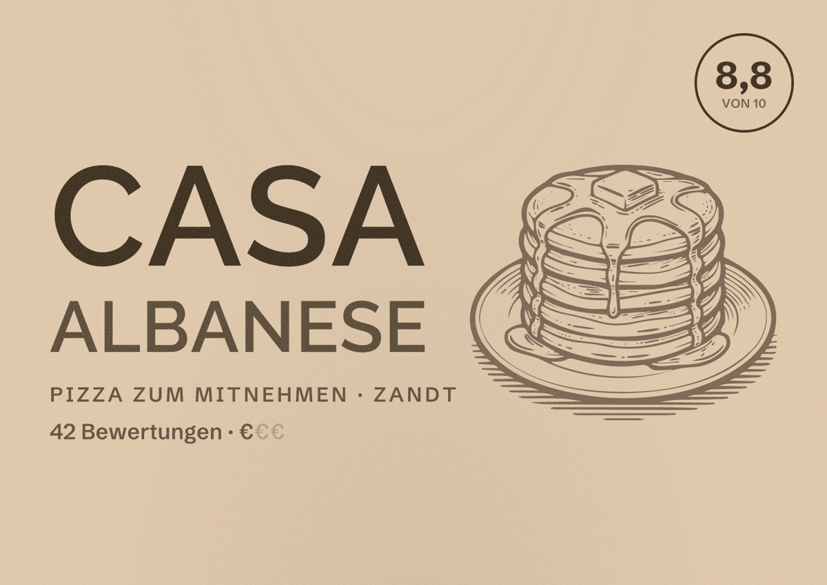 Illustriertes Poster von Casa Albanese, Pizza zum Mitnehmen in Zandt: Bewertung 8,8 von 10 aus 42 Bewertungen, Preisniveau €