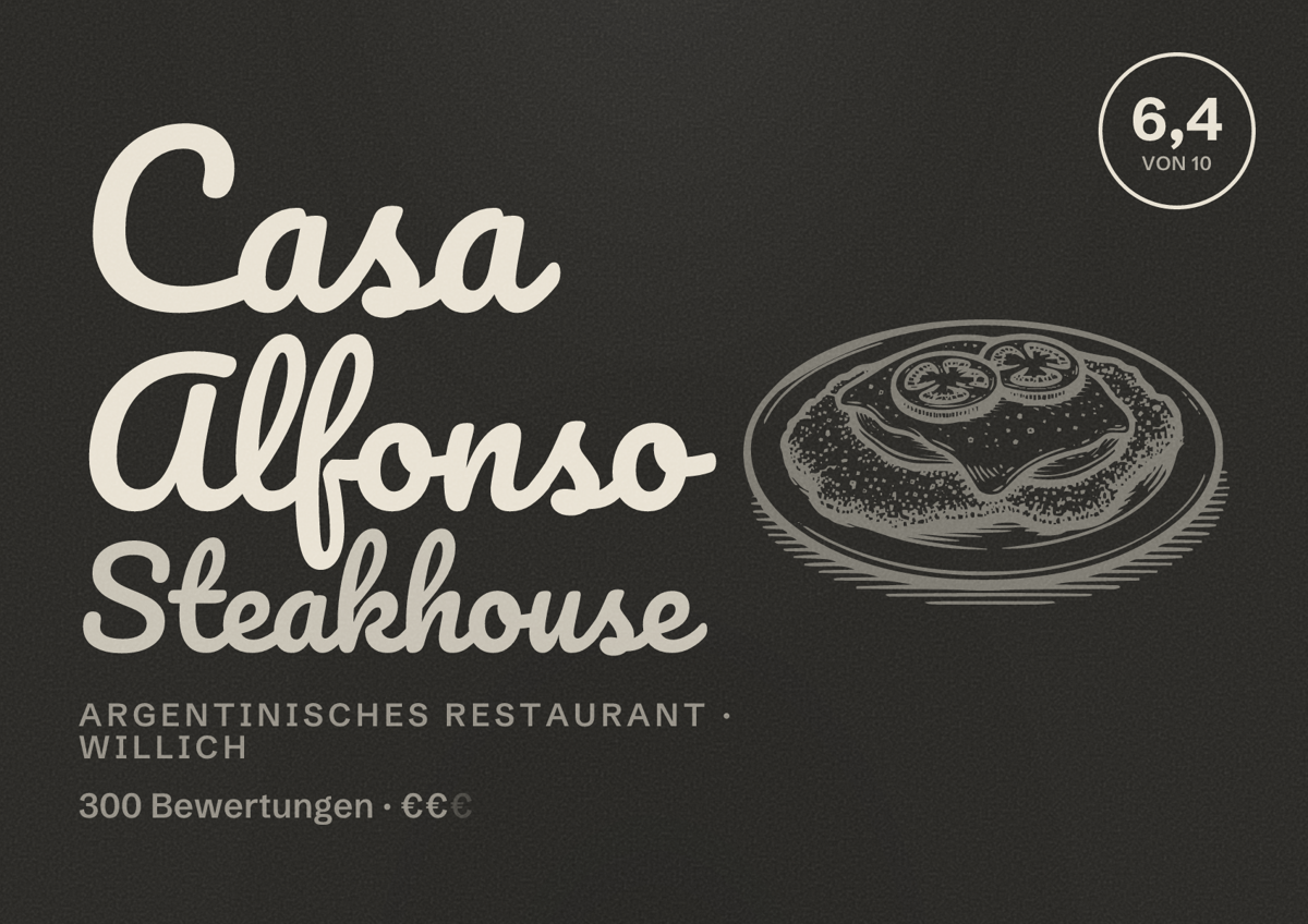 Illustriertes Poster von Casa Alfonso Steakhouse, Argentinisches Restaurant in Willich: Bewertung 6,4 von 10 aus 300 Bewertungen, Preisniveau €€