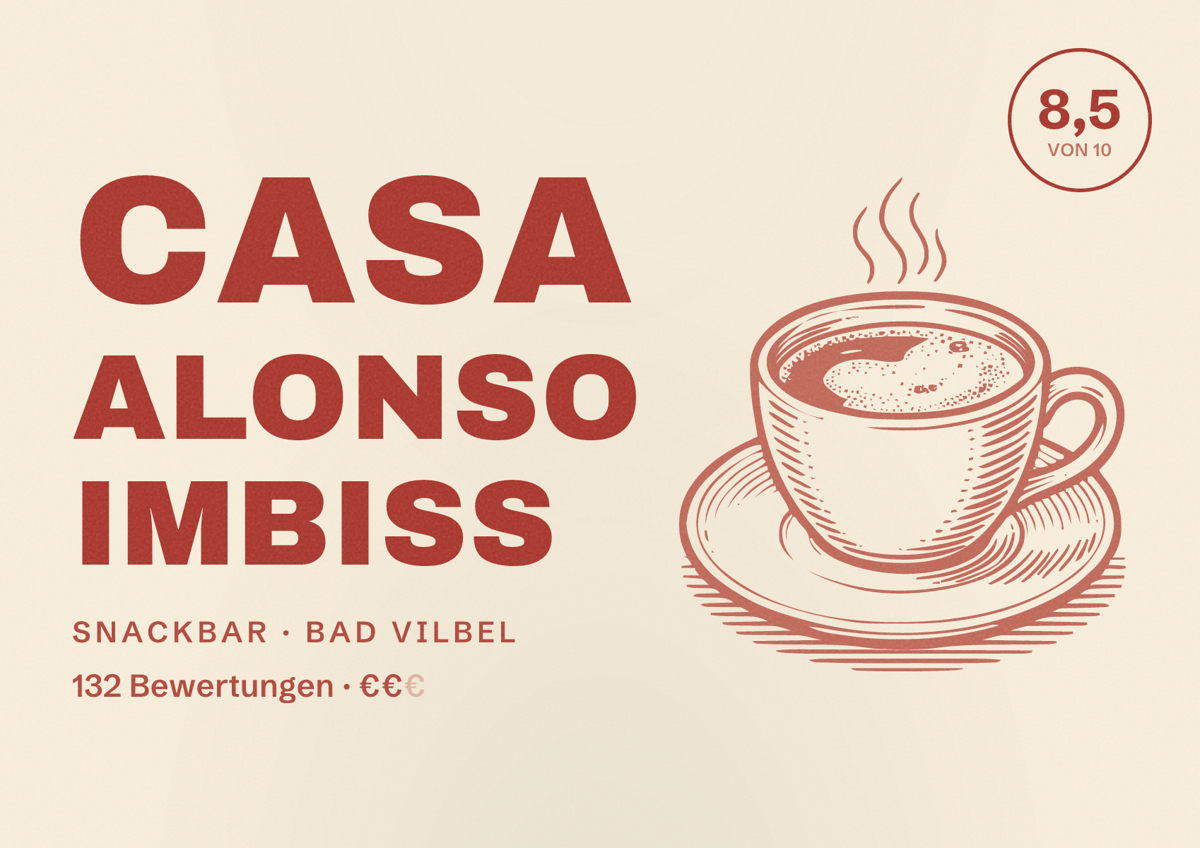 Illustriertes Poster von Casa Alonso Imbiss, Snackbar in Bad Vilbel: Bewertung 8,5 von 10 aus 132 Bewertungen, Preisniveau €€