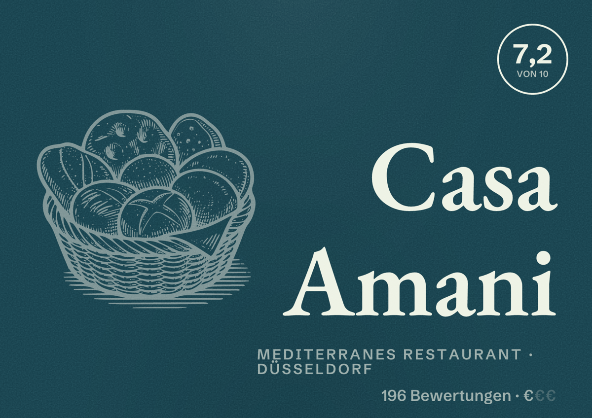 Illustriertes Poster von Casa Amani, Mediterranes Restaurant in Düsseldorf: Bewertung 7,2 von 10 aus 196 Bewertungen, Preisniveau €