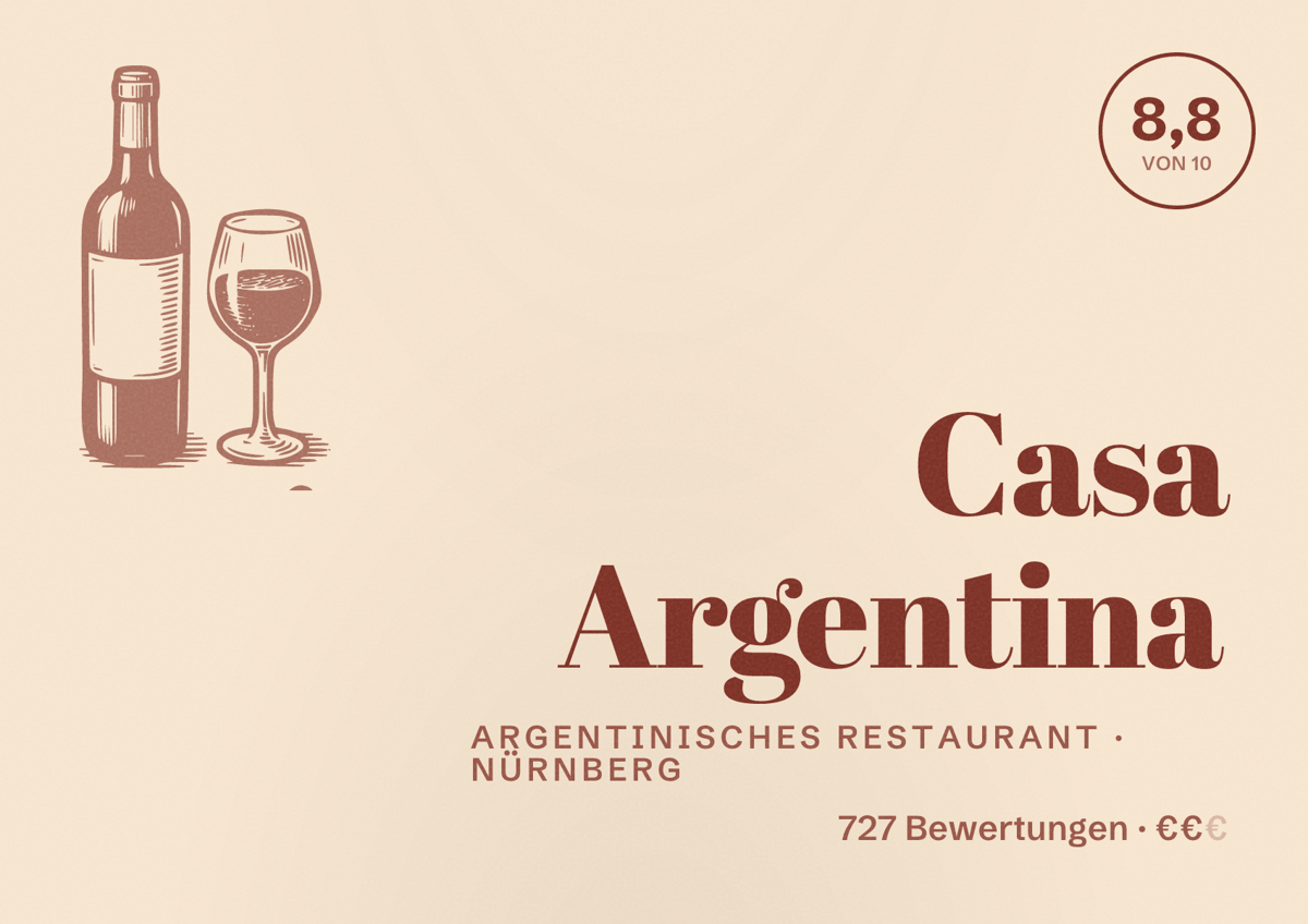 Illustriertes Poster von Casa Argentina, Argentinisches Restaurant in Nürnberg: Bewertung 8,8 von 10 aus 727 Bewertungen, Preisniveau €€