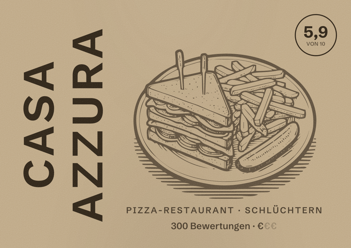 Illustriertes Poster von Casa Azzura, Pizza-Restaurant in Schlüchtern: Bewertung 5,9 von 10 aus 300 Bewertungen, Preisniveau €