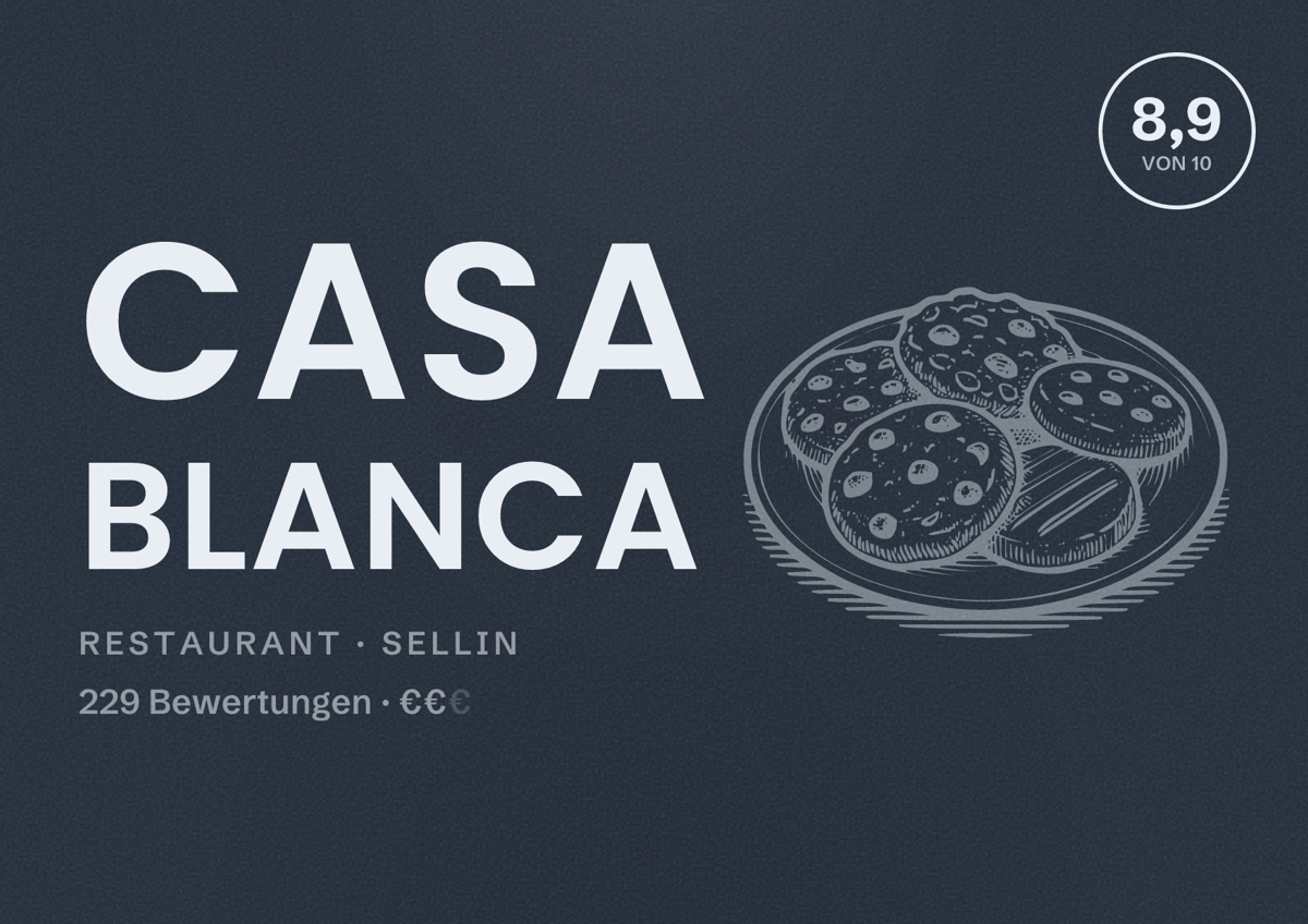 Illustriertes Poster von Casa Blanca, Restaurant in Sellin: Bewertung 8,9 von 10 aus 229 Bewertungen, Preisniveau €€