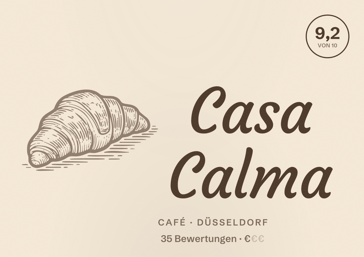 Illustriertes Poster von Casa Calma, Café in Düsseldorf: Bewertung 9,2 von 10 aus 35 Bewertungen, Preisniveau €