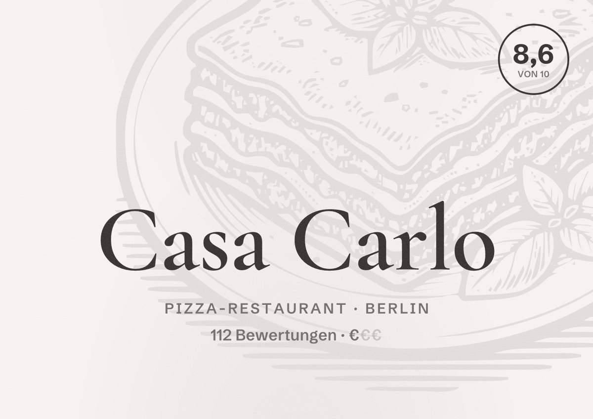 Illustriertes Poster von Casa Carlo, Pizza-Restaurant in Berlin: Bewertung 8,6 von 10 aus 112 Bewertungen, Preisniveau €